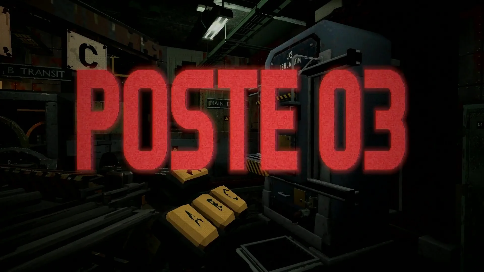 Le titre POSTE 03 en lettres rouges au-dessus d’une salle de tri sombre.