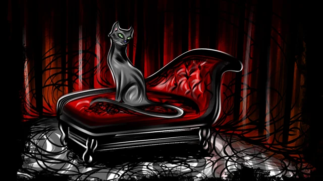 Chat noir sur une méridienne rouge