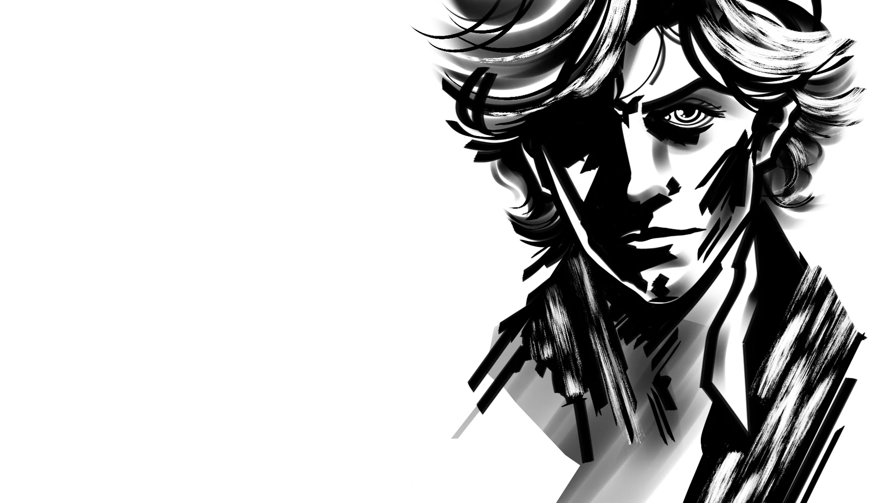 Portrait en noir et blanc d’un personnage aux cheveux ondulés, cadré sur la droite