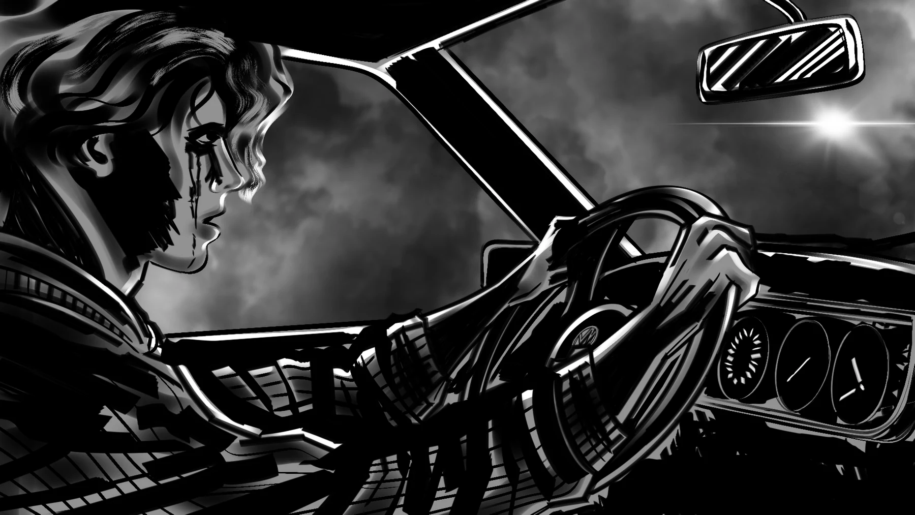 Illustration en noir et blanc d’un personnage au volant d’une voiture sous un ciel nuageux