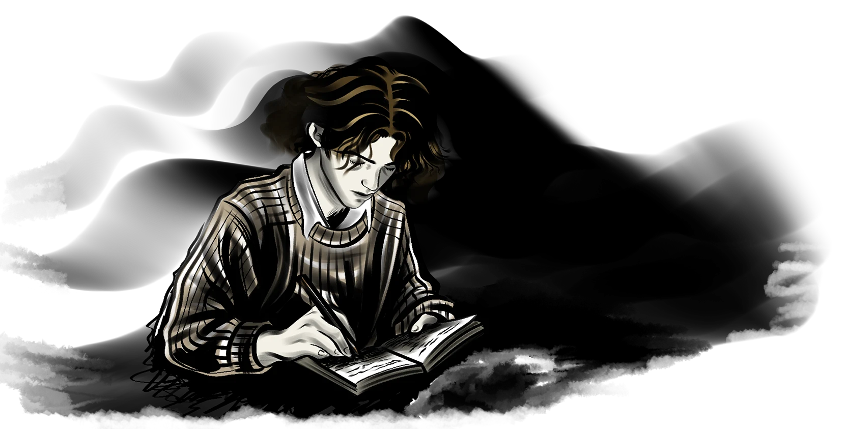 Personnage en pull rayé écrivant dans un carnet ouvert