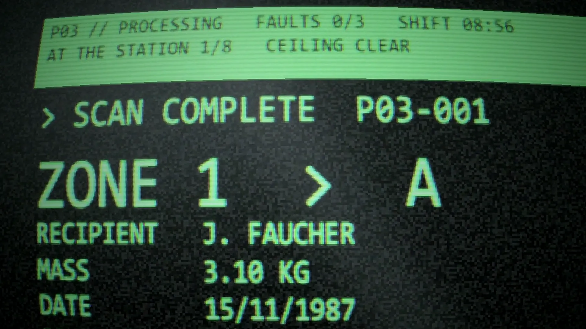 L’écran vert du scanner : scan terminé, zone 1 vers A, destinataire J. Faucher, 3,10 kg.