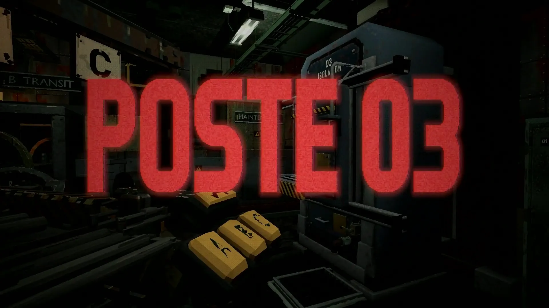 Le titre POSTE 03 en lettres rouges au-dessus d’une salle de tri sombre.
